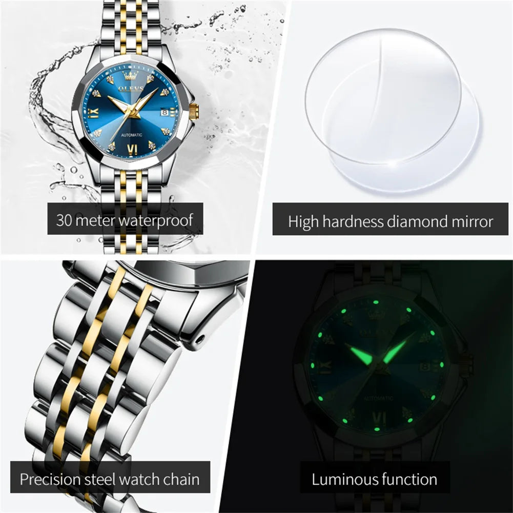 OLEVS Women's Watches Trend Elegant Sparkling Shining Diamond Scale Original Automatic Mechanical Wristwatch for Lady Waterproof