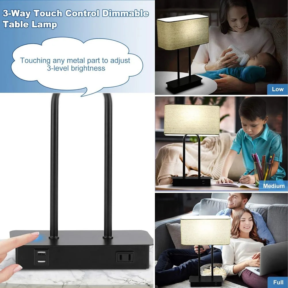 Touch Control Table Lamp with USB Charging Ports, 3-Way Dimmable, Modern Nightstand Lamp for Bedroom, Living Room, Office
