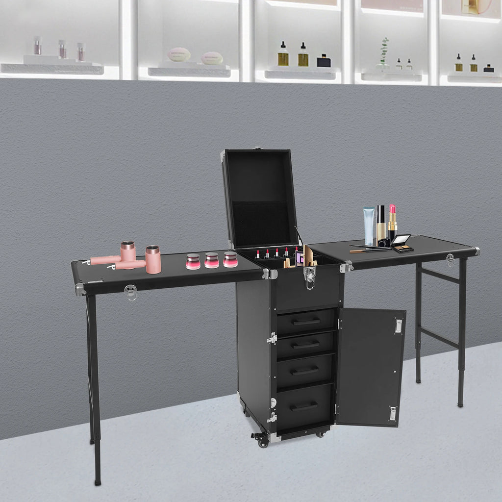 Portable Nail Table Desk Rolling Makeup Cosmetic Case 100kg Load Aluminum Alloy 4 Wheels with Brakes Foldable Side Tables 2 Keys 2 Codes Lockable Organizer for Nail Technician Makeup Artist Salon Home Travel