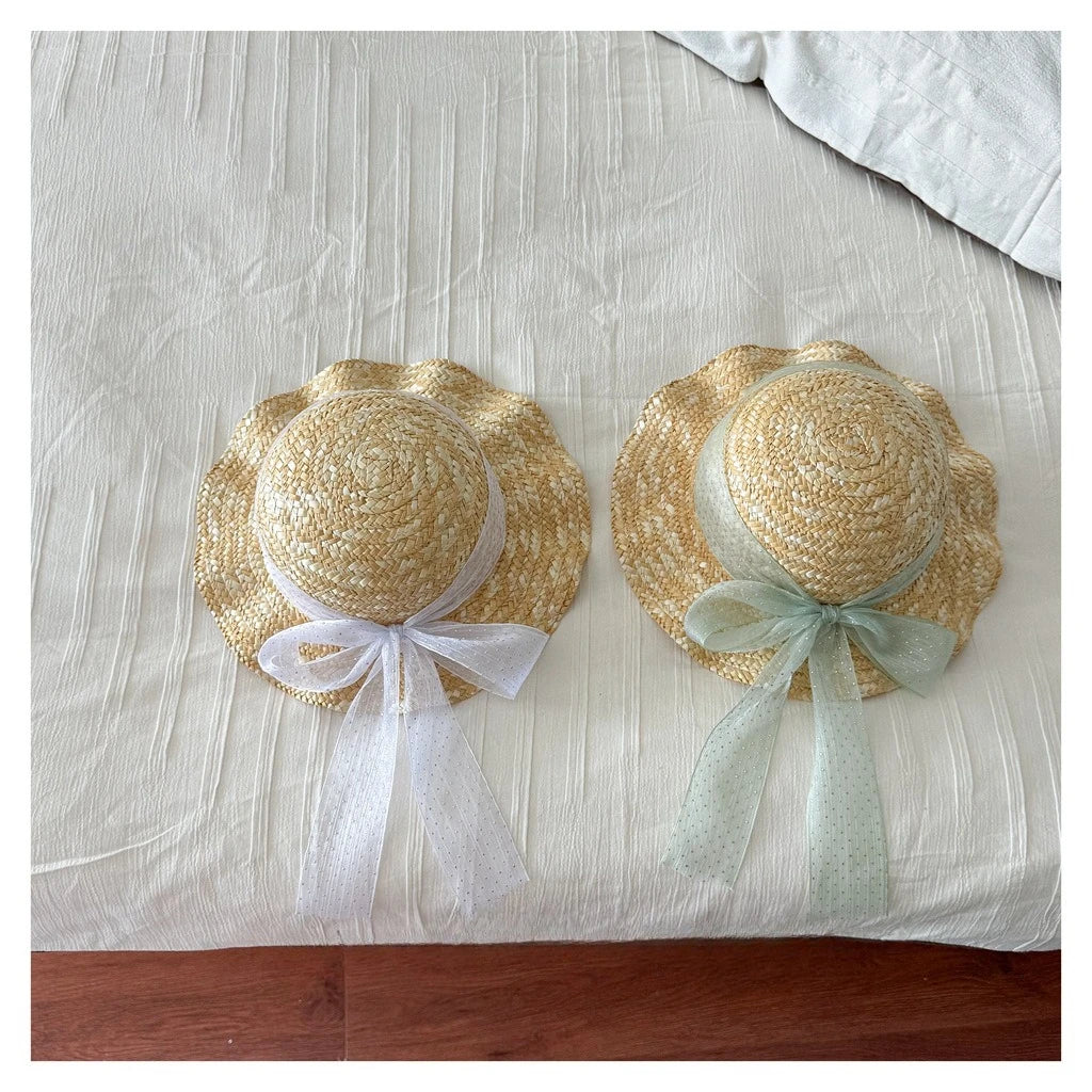 Kids Natural Straw Sun Hat with Chiffon Bow Ribbon Breathable Ruffled Brim Hat for Girls Summer Beach Activities Head Wear BT14
