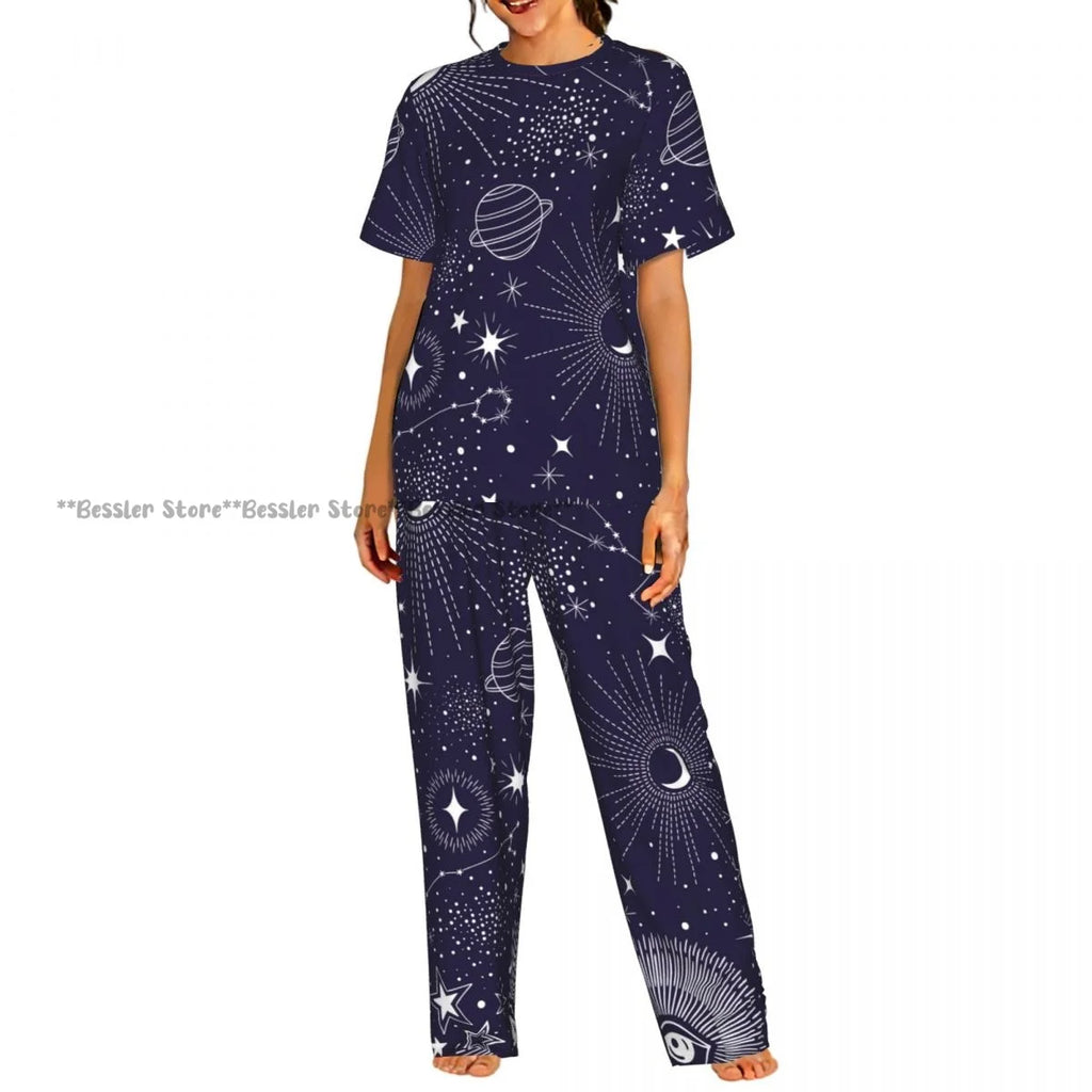 Women's Whales And Constellation Stars Watercolor short sleeve trousers casual pajamas set