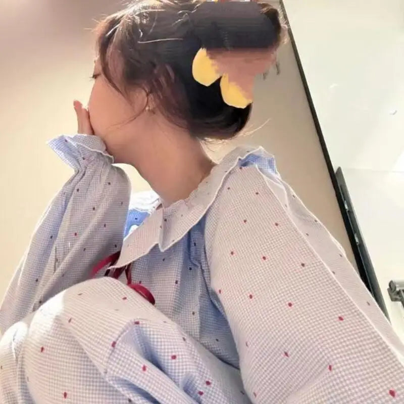 Fashionable Cute Girl Doll Collar Pajamas Cartoon Anime Student Lace Long Sleeved Pant Home Clothe Two-Piece Set Sweat Absorbing