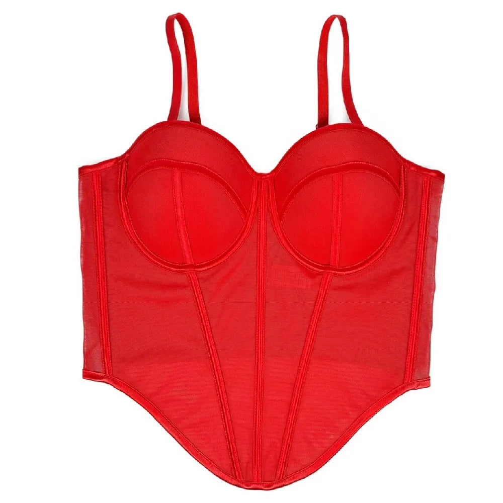 Mesh Transparent Contrasting Lines Women Bustie Sexy Bow Ribbon Ladies Corset Multi Colors Party Blackless Cropped Top Tank Top