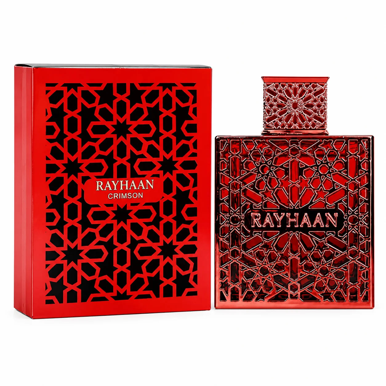 Rayhaan Crimson Red Hollow Carved Geometric Metal Bottle Men Perfume Luxury Arabian Oriental Eau De Toilette Long Lasting Fragrance Mens Cologne Gift Set For Male