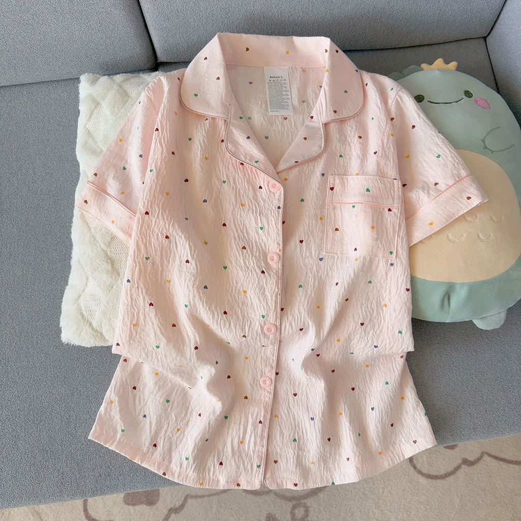 Women'S Printed Polka Dot Cotton Pajamas Set Short Sleeved Top And Shorts 2-Piece Casual Comfortable Home Sweet Print Sleepwear