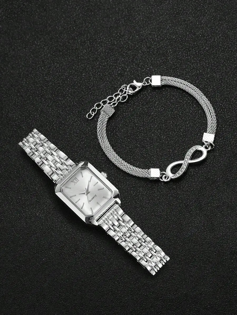 2pcs/Set Women's Fashion Casual Square Minimalist Dial Elegant Quartz Watch + Bracelet, Gift (Watch Box Not Included)