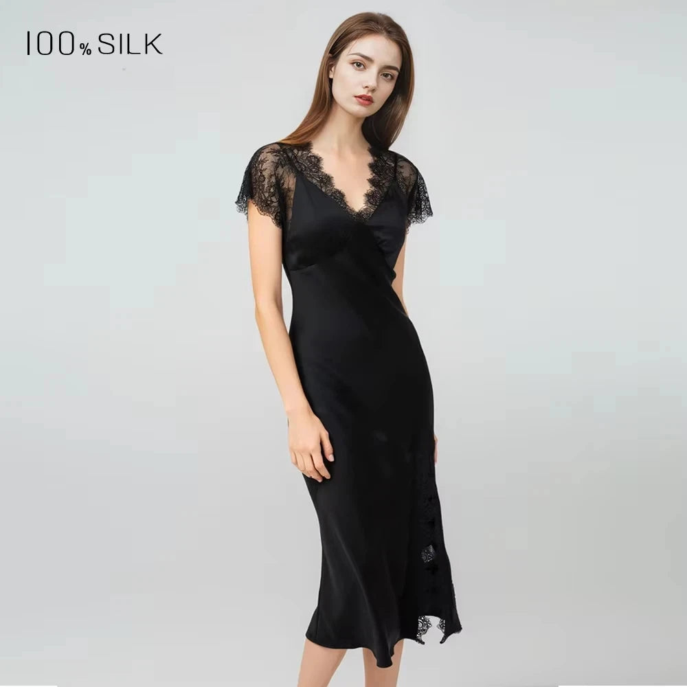 Women Sexy Lace Silk Nightdress 19 Momme Mulberry Silk Slit Design With Chest Pad Sleepwear Outdoor Dress