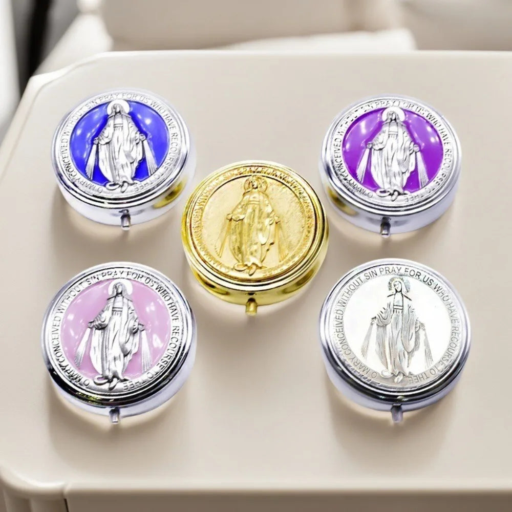 Retro Religious Jewelry Box Round Zinc Alloy Saint Benedict Jewelry Box Elegant Jewelry Storage Box Travel Storage