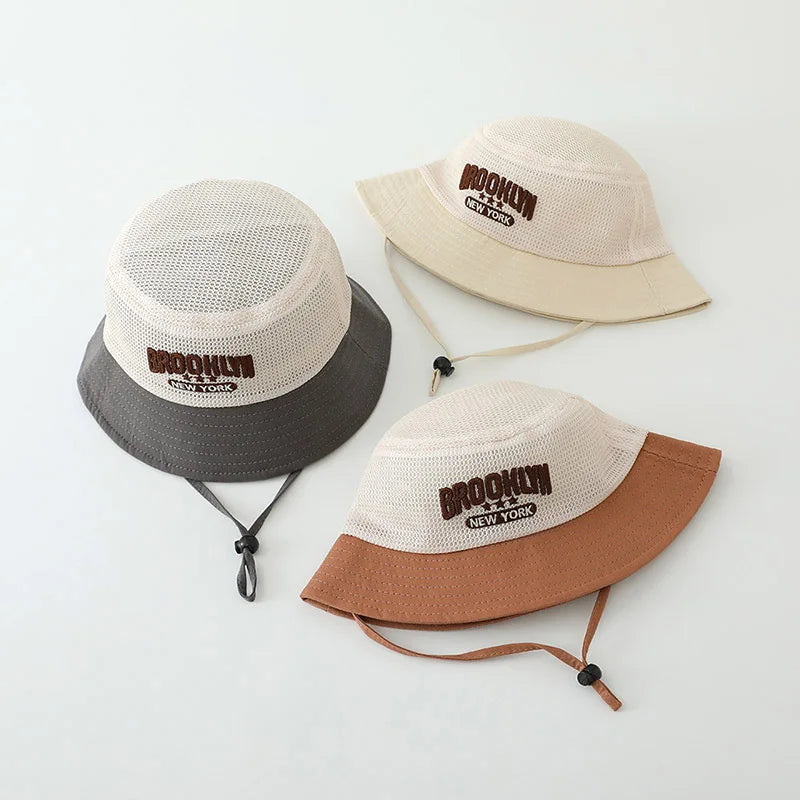 Letter Embroidered Baby Sun Hat Summer Mesh Breathable Boys Girls Fisherman Cap Fashion Patchwork Kids Panama Bucket Hats