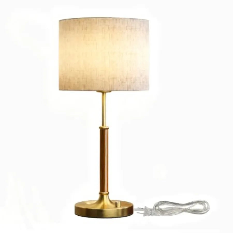 Table Lamp for Bedroom, Bedside Table Lamp with Linen Fabric Shade, Wood and Gold Metal Base, Nightstand Table Lamp for Bedroom