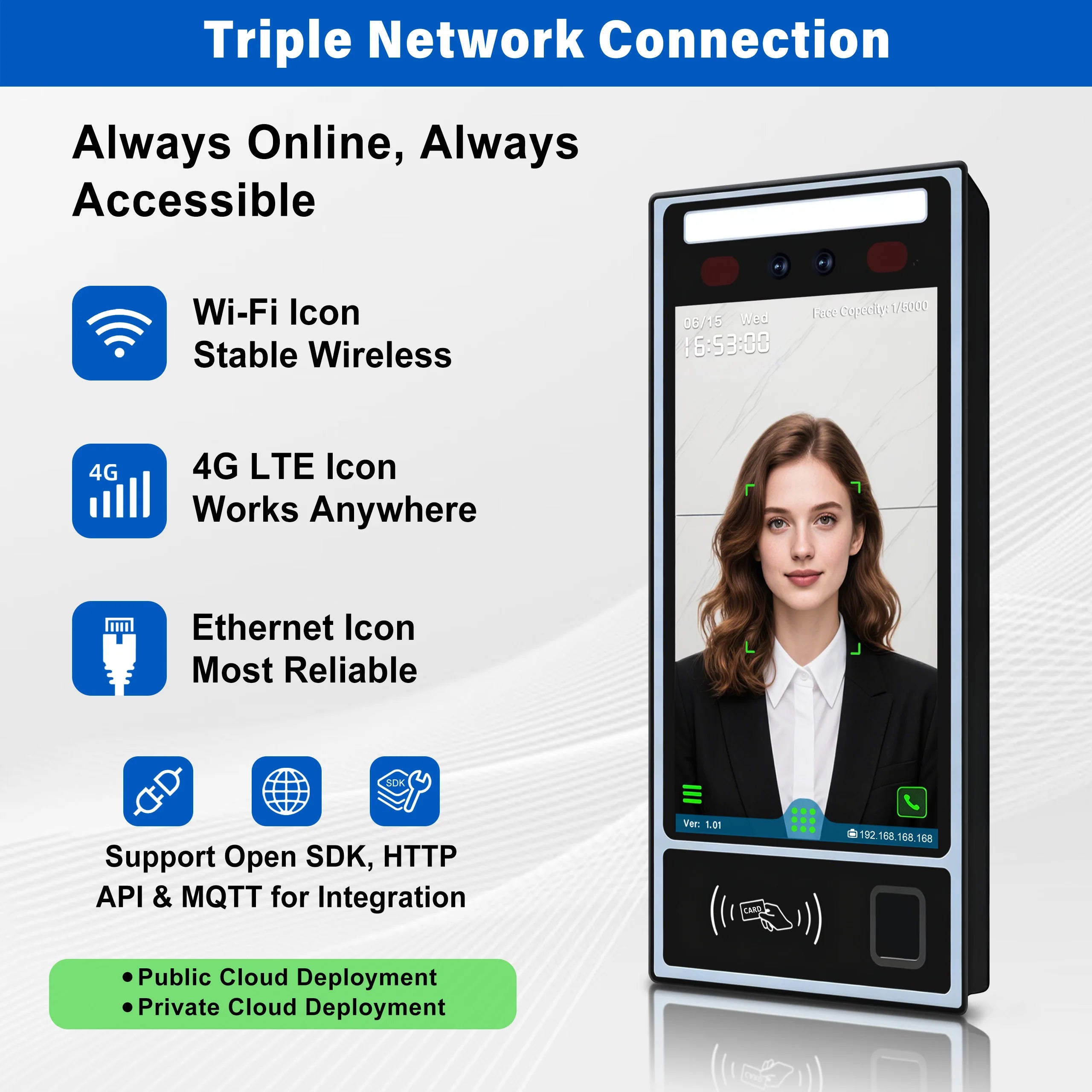 8" Multi-Biometric Access Control & Attendance Terminal - Face Fingerprint Palm Vein, WiFi 4G TCP/IP