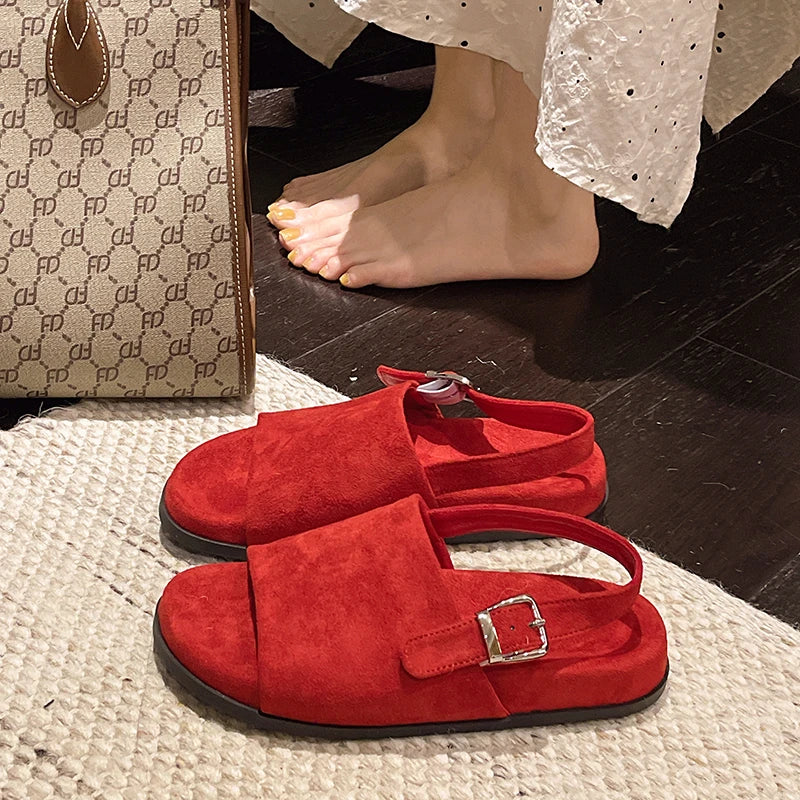 Woomen Sandals Summer New Women's Shoes Suede One-Strap Casual Sandals Flat Comfortable Korean Version Flip-Flops