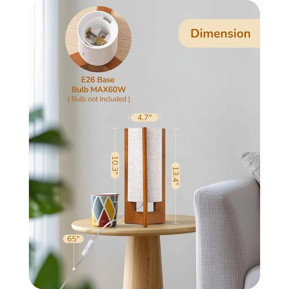 13.5" Small Table Lamp with Walnut Wood and Beige Linen Shade for Modern Bedside Lighting