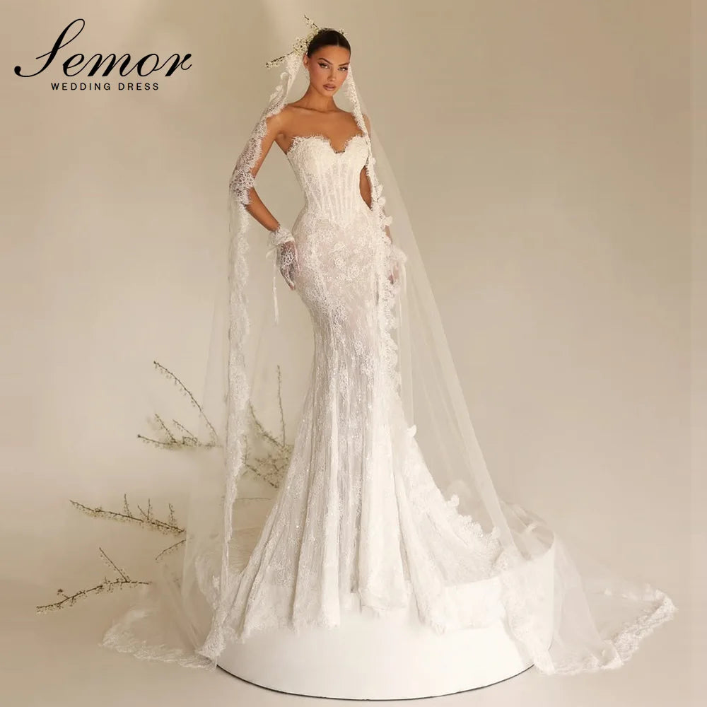 Semor Exquisite Lace Sweetheart Collar Wedding Dress 2026 Sleeveless Mermaid Applique Robe De Mariée with Glove Customized