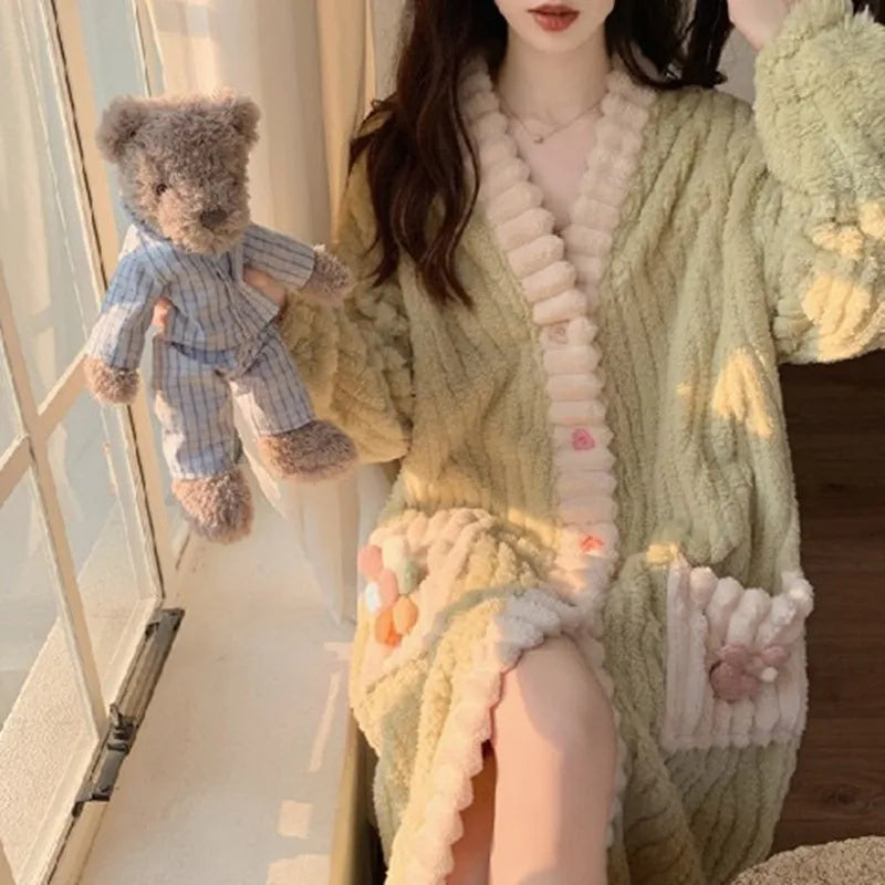Women's Padded Thickened Warm Robe Winter Long-Sleeved Nightgown Flannel One Piece Pajamas Ladies Large Size Floral Bathrobe