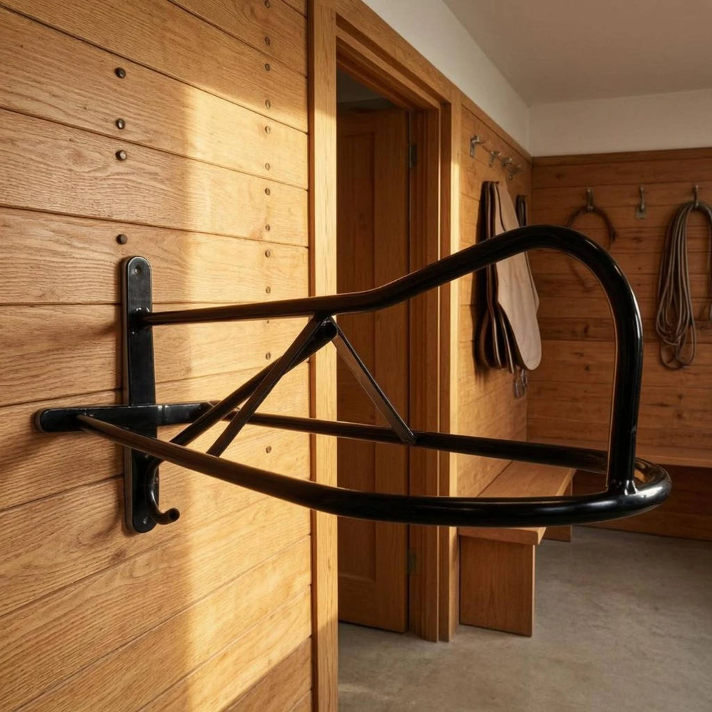 Wall-Mounted Saddle Rack Curved Support Black Metal Saddle Rack Space Saving Organizes Tack Room