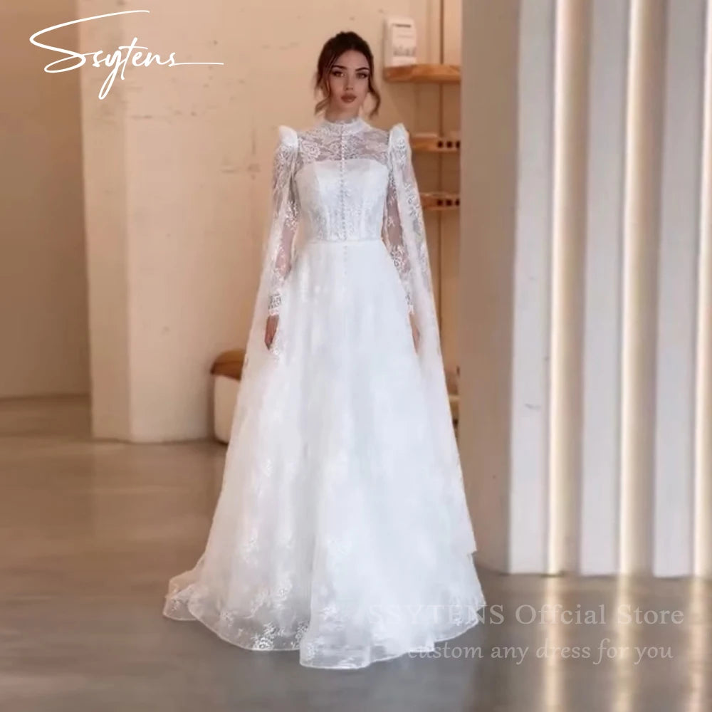 SSYTENS Lace Applique Wedding Dresses High Neck Dubai Girdling Hazy Feeling Bridal Gown Floor-Length Bride Gowns 2027 Customized