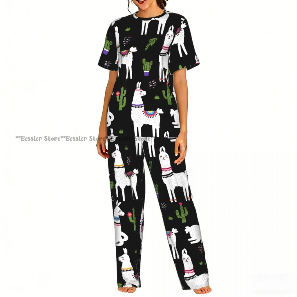Women Pajama Sets Lounge Sleepwear Fun Llamas Cacti Mountains Garlands Short Sleeve Nightwear
