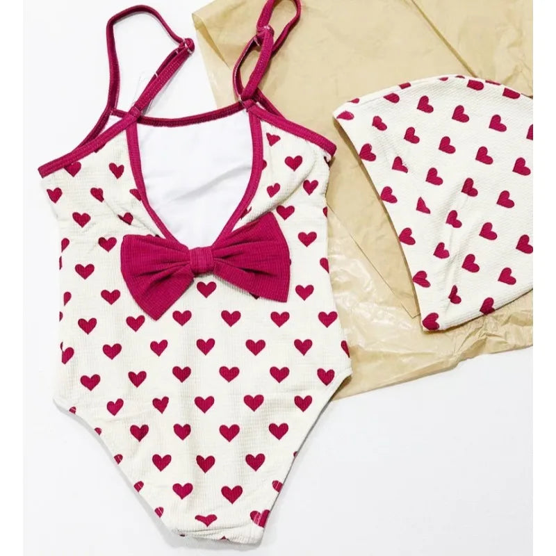 Girls Sun Hat Simple Color Contrast Heart Print Fashionable Fisherman Hat Cute Set Kids Beach Swimwear Bikinis Baby Swimsuits
