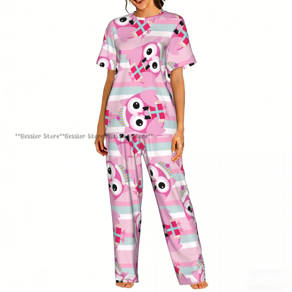 Women's 2-piece set Halloween Owls Bats Pattern Pajamas Short sleeved Top and Pants Sleepwear