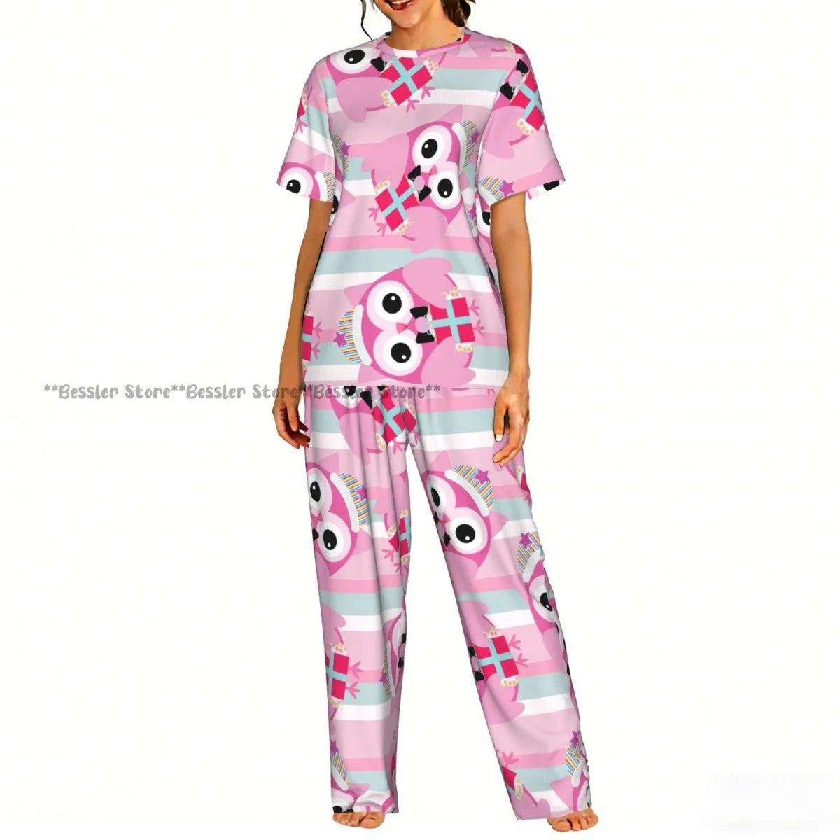 Women's 2-piece set Halloween Owls Bats Pattern Pajamas Short sleeved Top and Pants Sleepwear