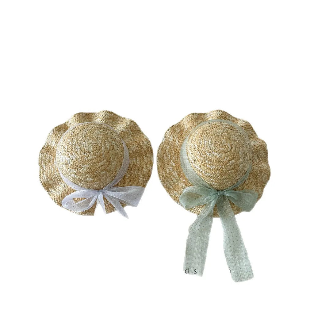 Kids Natural Straw Sun Hat with Chiffon Bow Ribbon Breathable Ruffled Brim Hat for Girls Summer Beach Activities Head Wear BT14