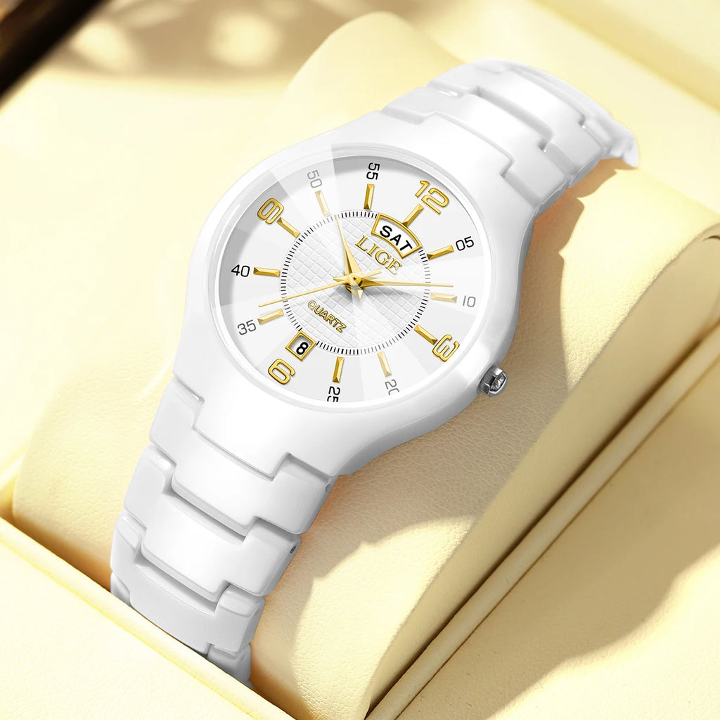 LIGE Fashion Elegant Women's Wristwatch Luxury Ceramics Strap Auto Date Week Waterproof Small Dial Quartz Watches for Woman Gift