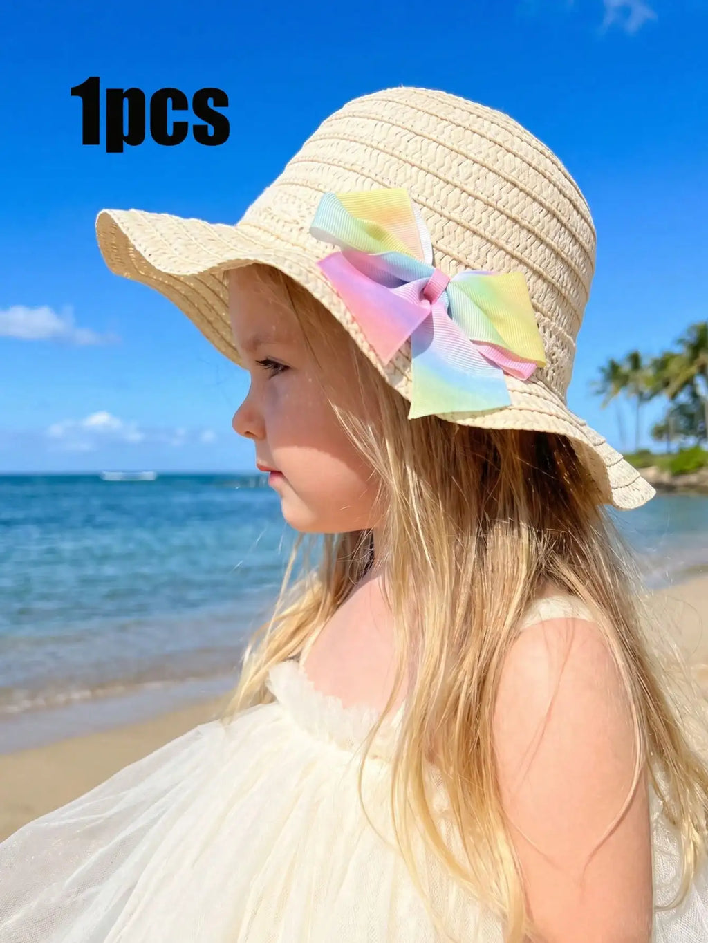 1Pc 1-5Y Girls Beige Straw Hat With Colorful Bow Light Breathable Sun Hat For Beach Outdoor Sports Holiday Daily Wear