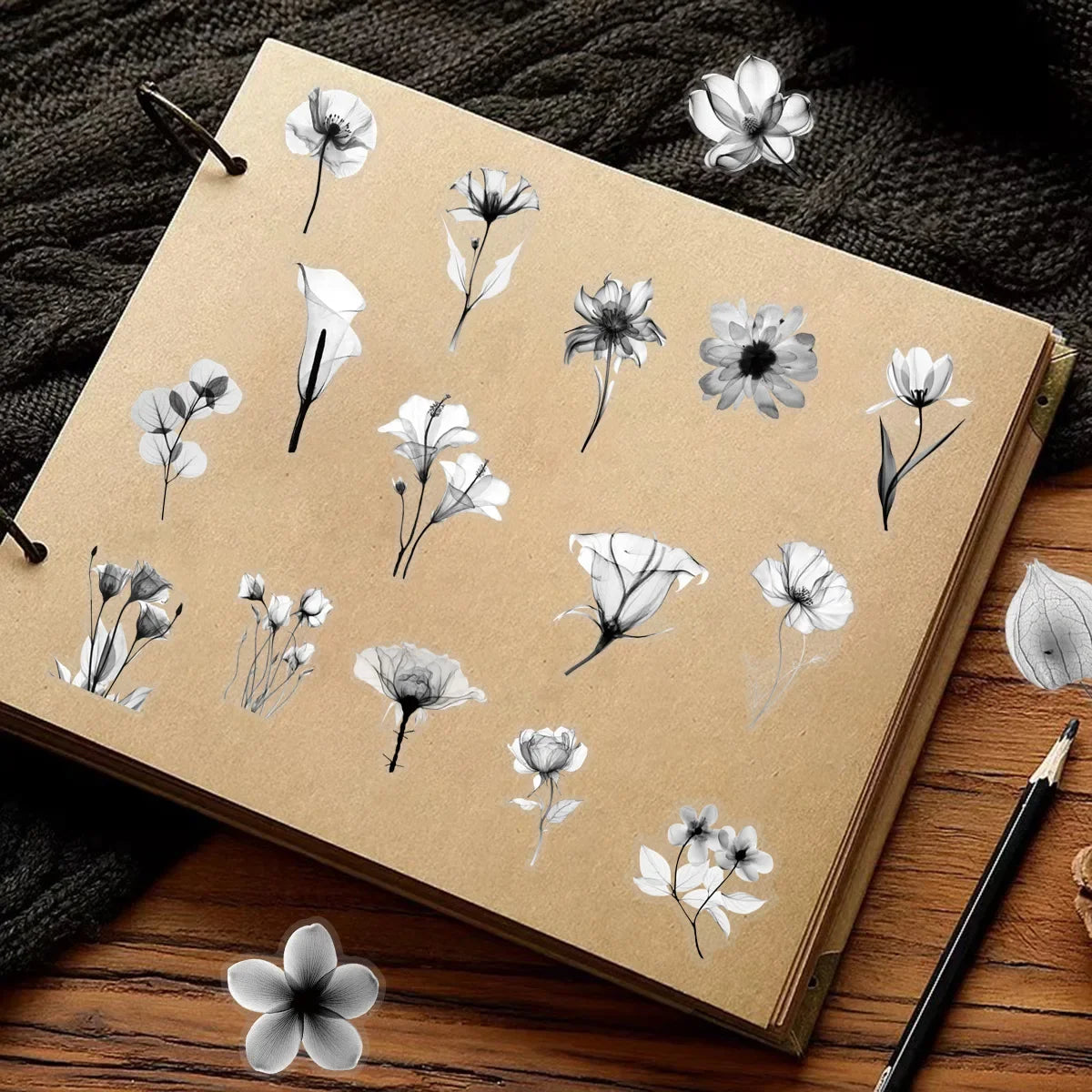 50PCS Black and White Transparent Flowers Graffiti Sticker Flowers Cartoon PET Decal Cup Notebook Phone Guitar Fridge Kid Toys