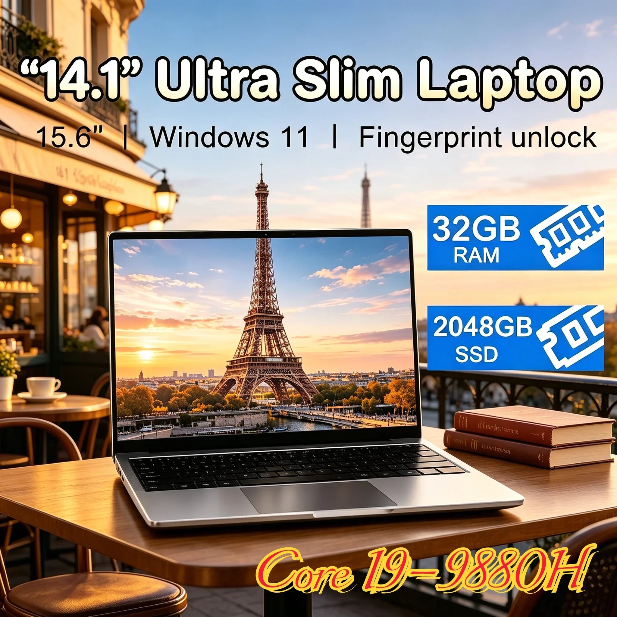 Premium 14.1" Notebook PC Intel Core I9‑9880H Processor 32GB RAM Large 2TB SSD Windows 11 Ultra‑thin Gaming Office Laptop