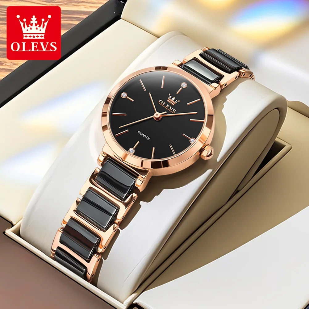 OLEVS Women Watch 5877 Luxury Elegant Quartz Watch Waterproof Luminous Ceramic Strap Ladies Watch Bracelet Set Gift Box Reloj
