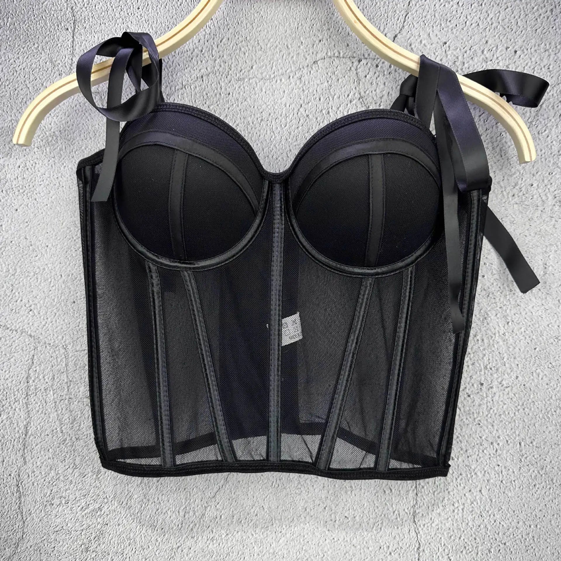 Mesh Transparent Contrasting Lines Women Bustie Sexy Bow Ribbon Ladies Corset Multi Colors Party Blackless Cropped Top Tank Top