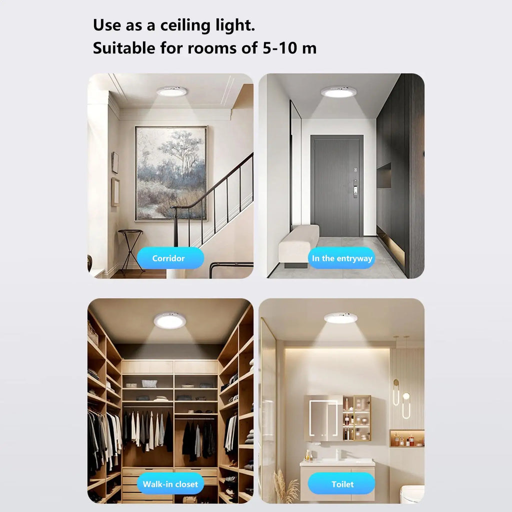 Motion Sensor Closet Light Magnetic Motion Sensor 3-Color Battery Operated Ceiling Light With Remote For Home Pantry Shower