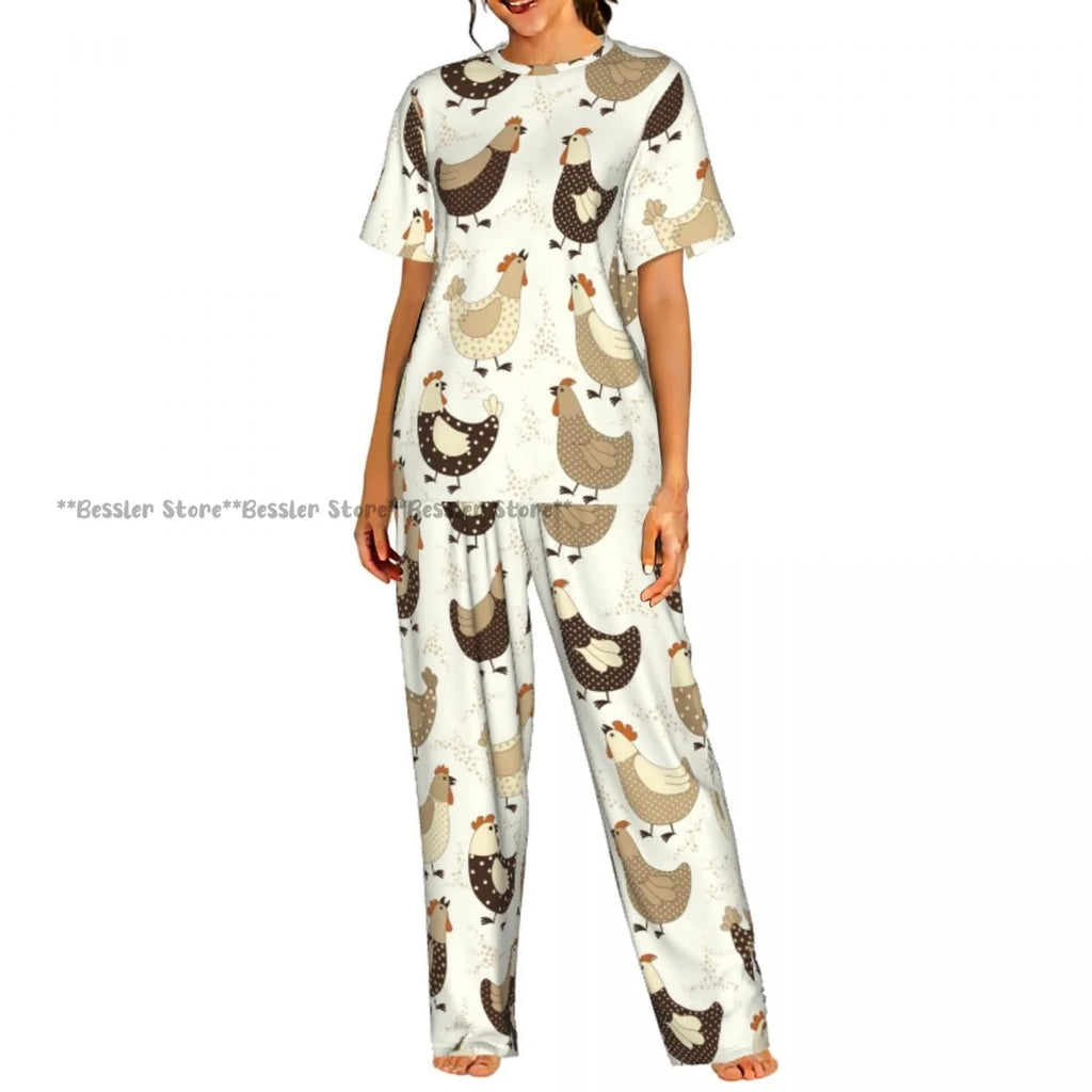 Women's 2-piece set Cartoon Chicken Pattern Pajamas Short sleeved Top and Pants Sleepwear