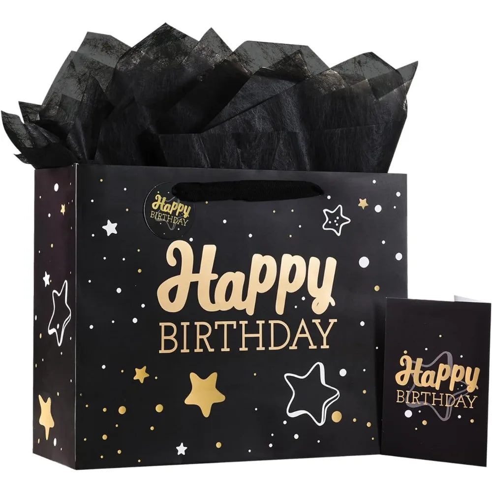 Medium Black Starry Sky Birthday Gift Bag Set with Crinkle Tissue Paper Greeting Card and Ribbon for Party Celebration Unisex