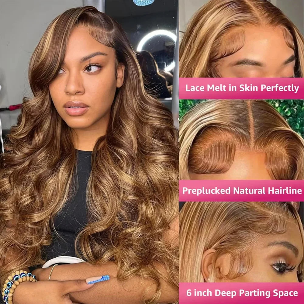 Highlight P4 27 Body Wave Wig 13x4 13x6 HD Transparent Lace 200 Density Pre Plucked Hairline Soft Smooth Texture Elegant Ombre Color For Daily Styling