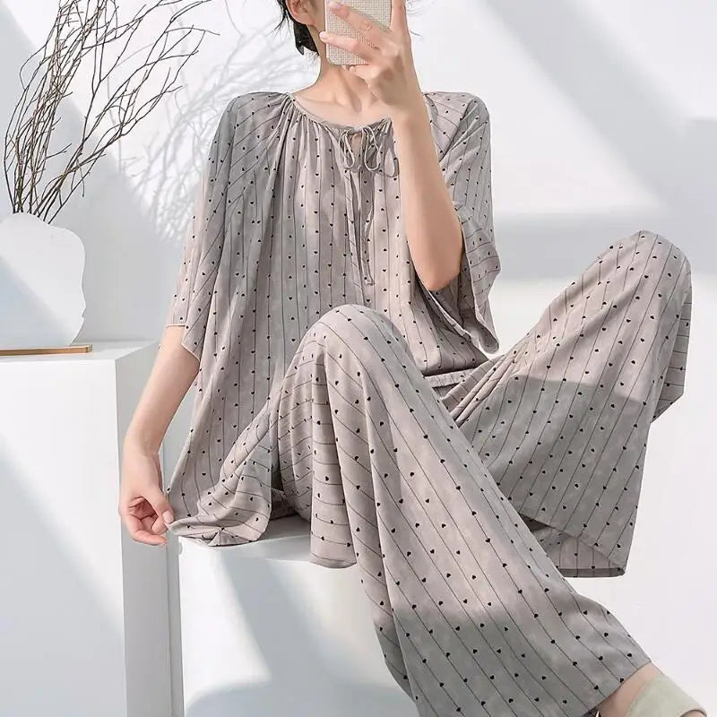 Hot 2026 Spring Summer New Women Cool Comfort Sleepwear Set Fashion Printed Loose Wide Leg Pants Large Home Clothes Two Pieceset