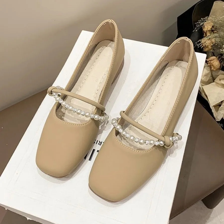 New Elegant French Flat Shoes Pearl Shallow Mouth Soft Leather Ladies Flats Comfortable Anti Slip Low Heel Women's Casual Shoes