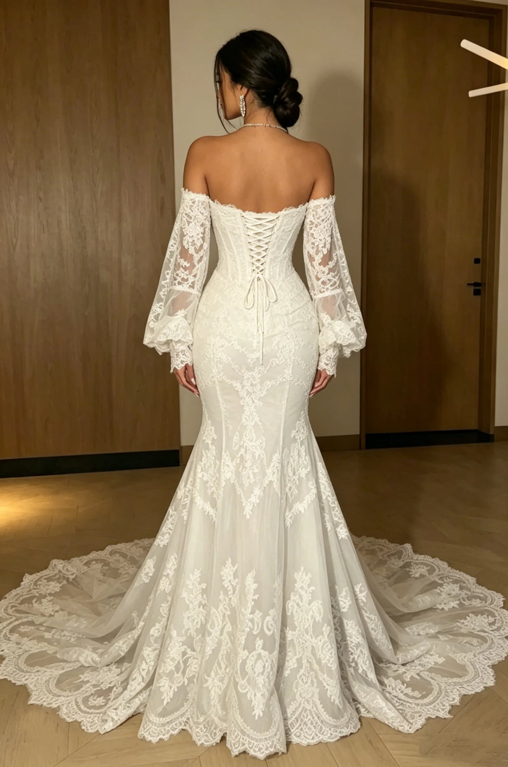 Custom 202Off Shoulder Lace Mermaid Wedding Dress Long Puff Sleeve Corset Back Bridal Gown with Cathedral Train