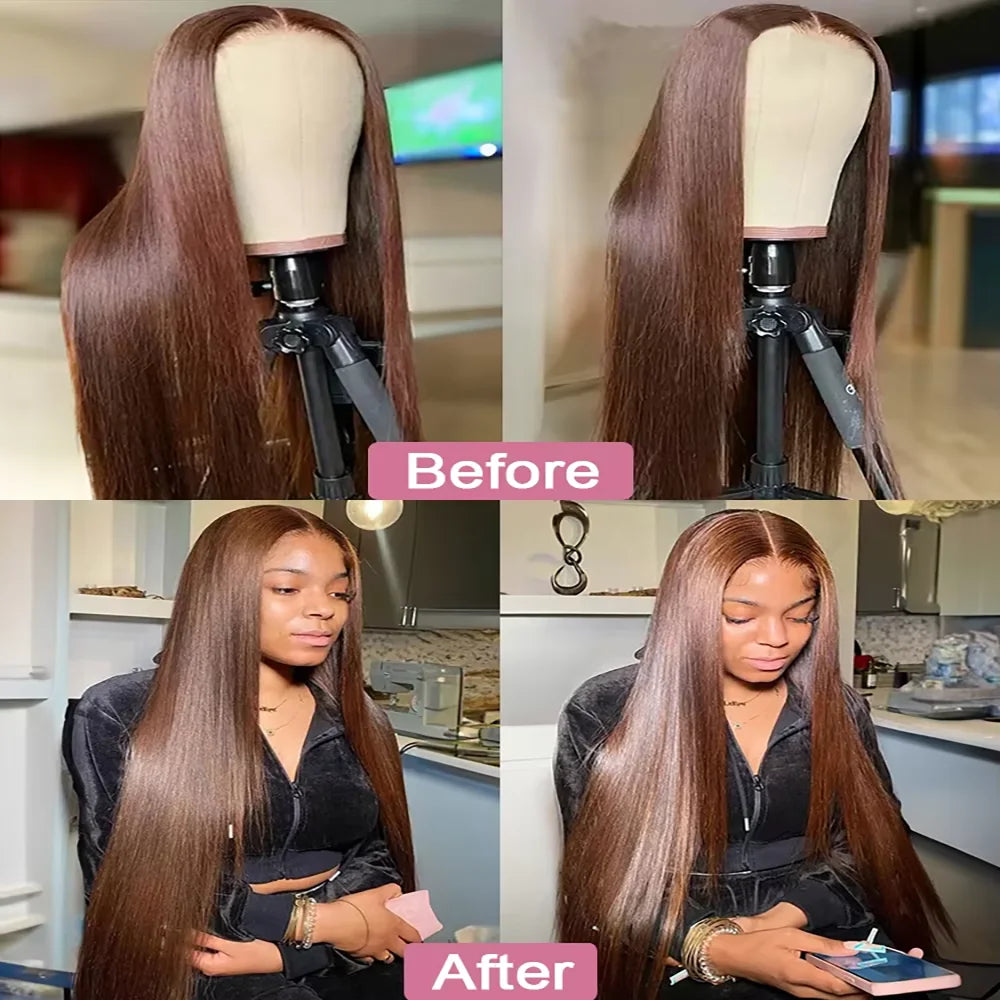 Chocolate Brown 13X6 Straight Human Hair Wigs 13X4 Hd Lace Frontal Wig 220 Density Colored Pre Plucked Brazilian Lace Front Wig