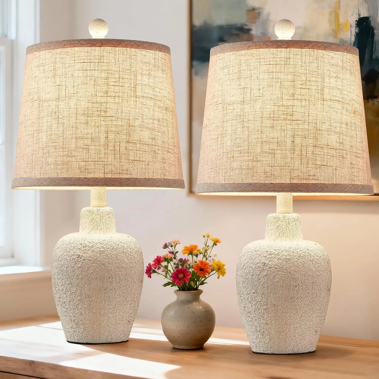 Set of 2 Farmhouse Table Lamps, 21" Rustic Jar-Shaped Bedside Lamps with Beige Linen Shade for Living Room, Bedroom, Nightstand