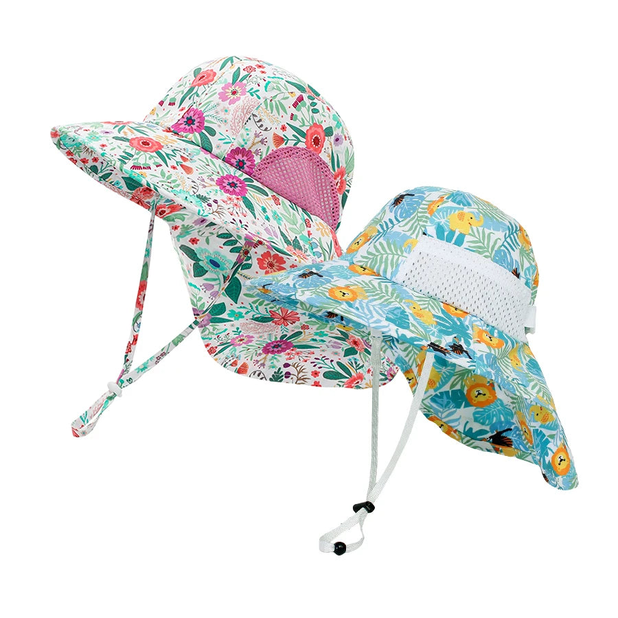 2-piece 1-13Y Children's Digital Printing Adjustable Sunscreen Neck Hat for Protection - Sun Hat