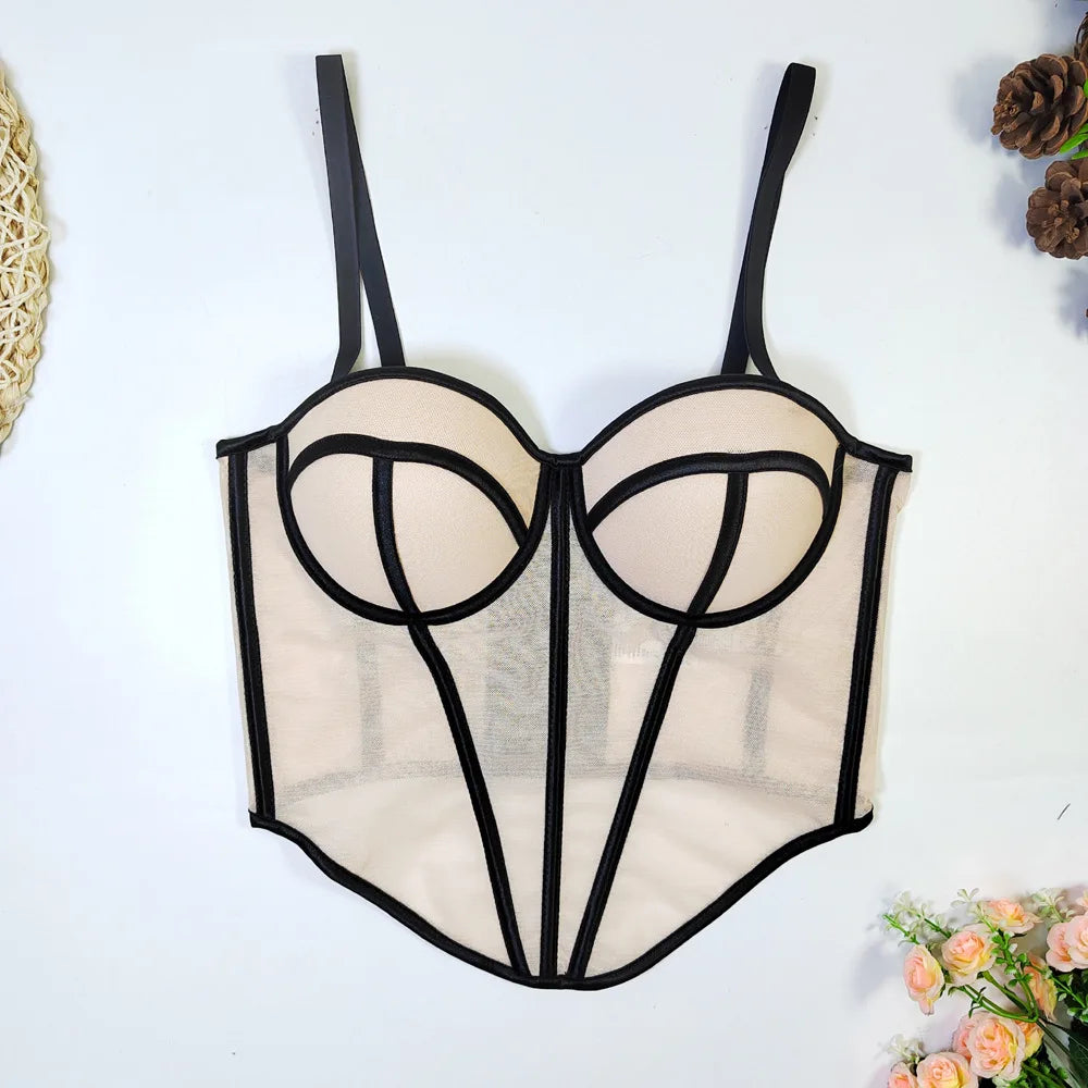 Mesh Transparent Contrasting Lines Women Bustie Sexy Bow Ribbon Ladies Corset Multi Colors Party Blackless Cropped Top Tank Top