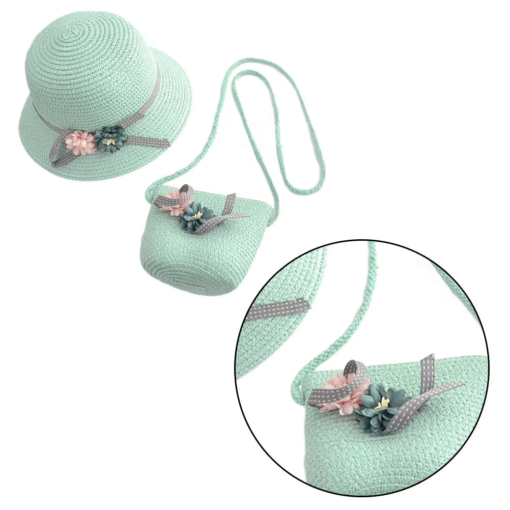 1 set 1 Wide Brim Sun Hat With Crossbody Bag Pink Beach Set For Girls Kids Cap Beach Straw Kids Straw Cap Bag Set
