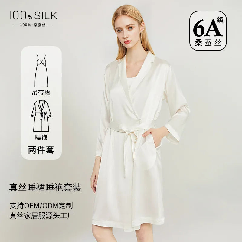 Women Elegant 100% Mulberry Silk Nightdress Robe 2 Piece Set All Season Luxury Gift Loungewear