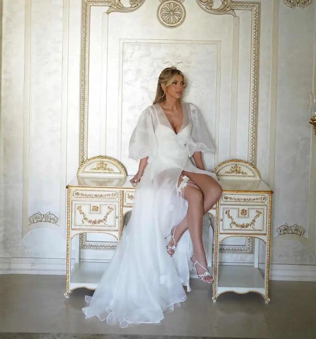 White Bridal Dresses Sheer Tulle Robe Front Split Pregnancy Maternity Robe Customized Wedding Bride Boudoir Sleepwear Nightwear