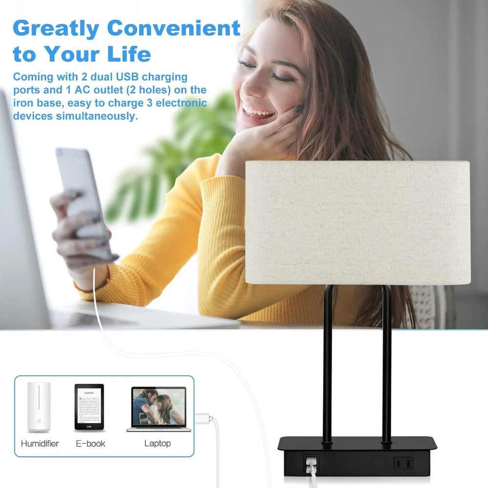 Touch Control Table Lamp with USB Charging Ports, 3-Way Dimmable, Modern Nightstand Lamp for Bedroom, Living Room, Office