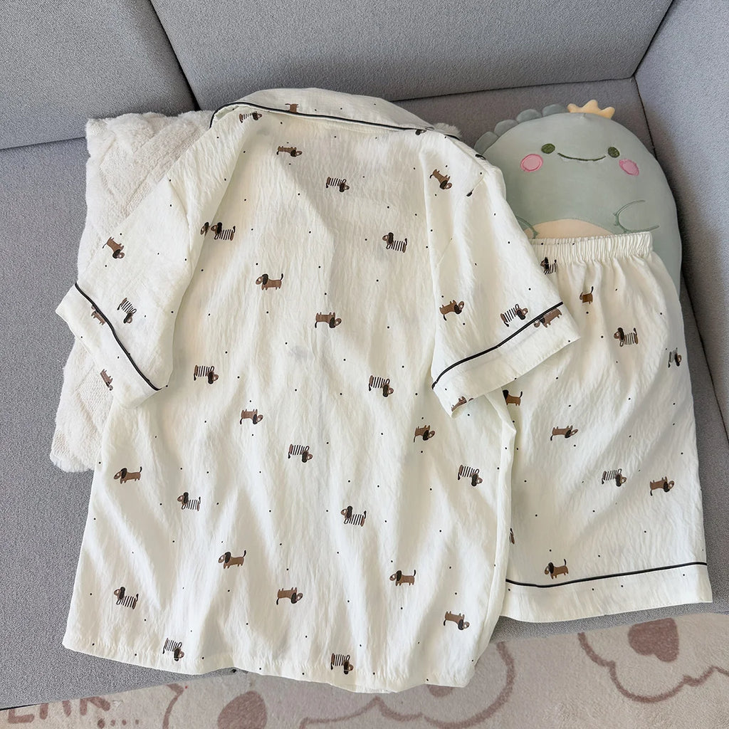 Women's Summer Pajamas, Thin Polka Dot Puppy Short-Sleeved Shorts, Sweet and Cute, Can Be Worn Outside in Summer, Home Clothes Set, Two-Piece Set