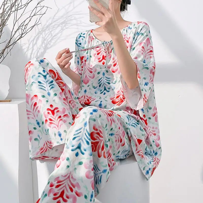 Hot 2026 Spring Summer New Women Cool Comfort Sleepwear Set Fashion Printed Loose Wide Leg Pants Large Home Clothes Two Pieceset
