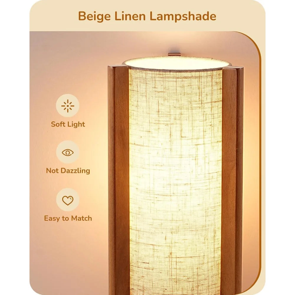 13.5" Small Table Lamp with Walnut Wood and Beige Linen Shade for Modern Bedside Lighting